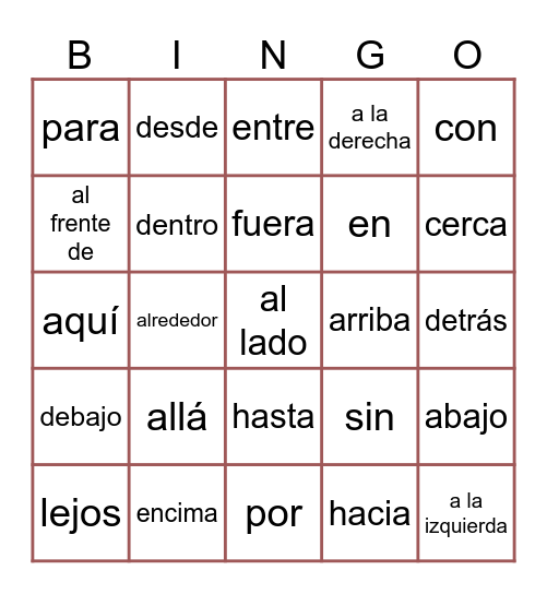 Preposiciones Bingo Card