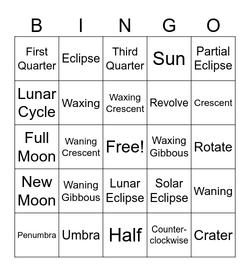 Moon Phases Bingo Card