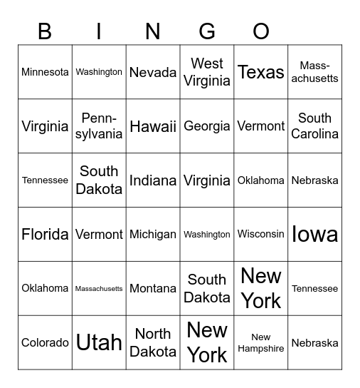 50 states Bingo Card