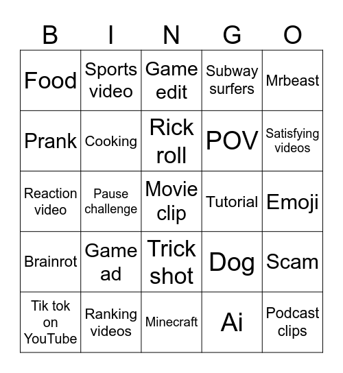 YouTube shorts bingo Card