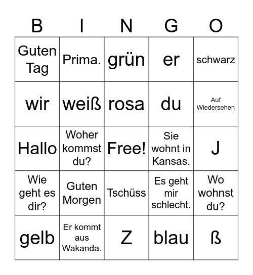 Intro German Words Bingo Card