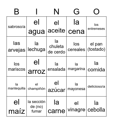 Ch 8 All foods and drinks Bingo Card