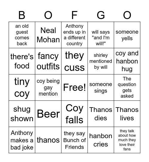 Bofgo Bingo Card