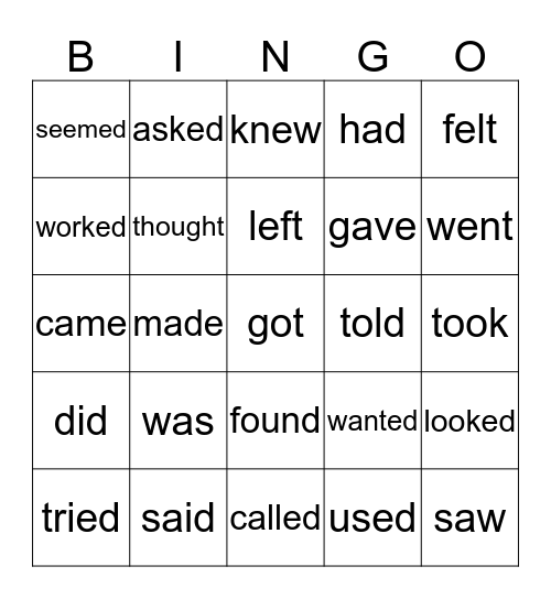 Past Tense Bingo Card