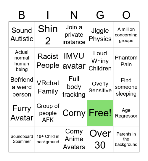 VRchat Adventure Bingo Card