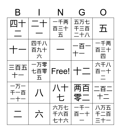 Chinese Numbers Bingo Card