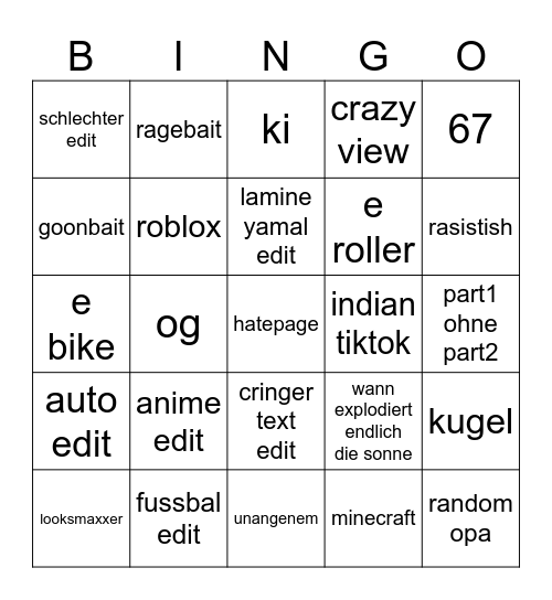 tik tok Bingo Card