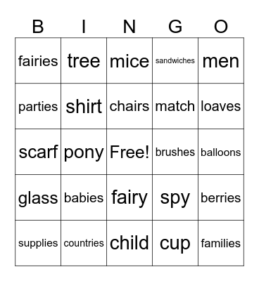 Singular and Plural Nouns Bingo Card