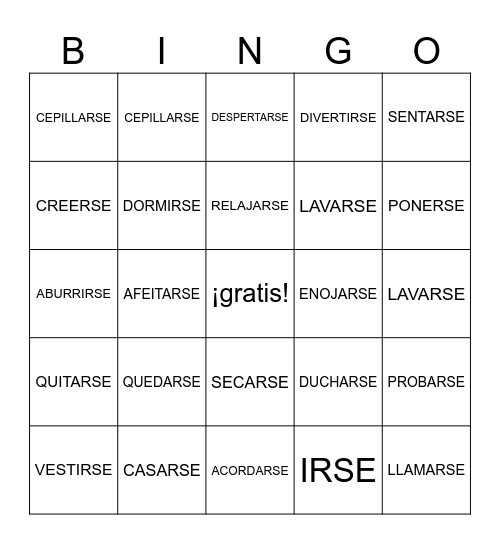 Verbos Reflexivos Bingo Card