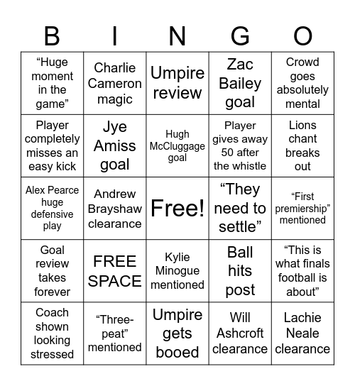 AFL 2026 Bingo Card