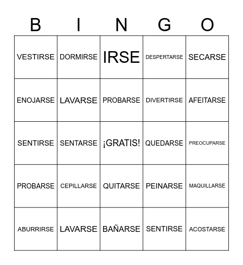 VERBOS REFLEXIVOS Bingo Card