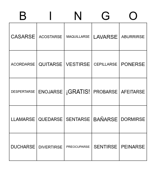 VERBOS REFLEXIVOS Bingo Card