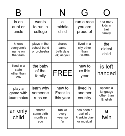 NIKE PORTLAND XC BINGO Card