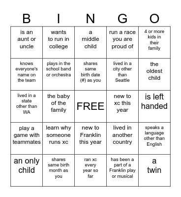 NIKE PORTLAND XC BINGO Card