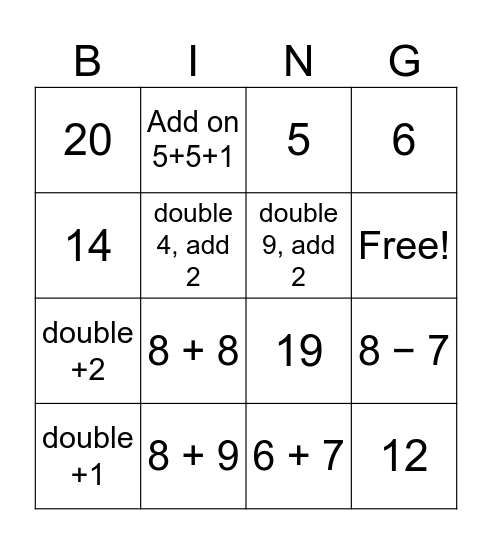Doubles, Doubles add or Subtract Bingo Card