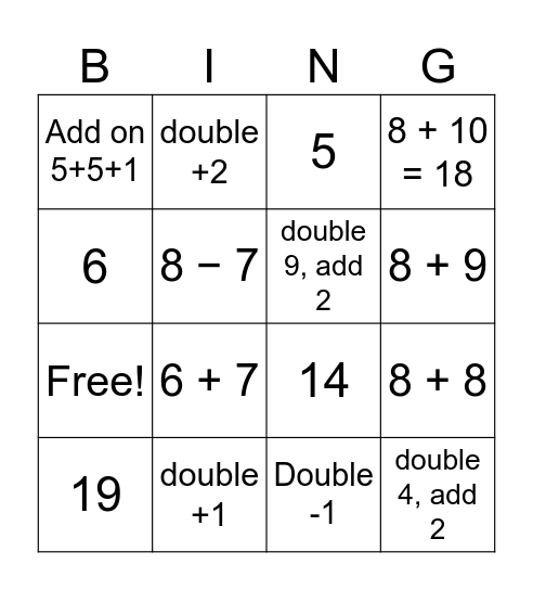 Doubles, Doubles add or Subtract Bingo Card