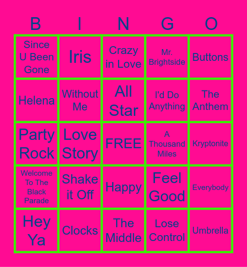 Millenial Hits Bingo Card