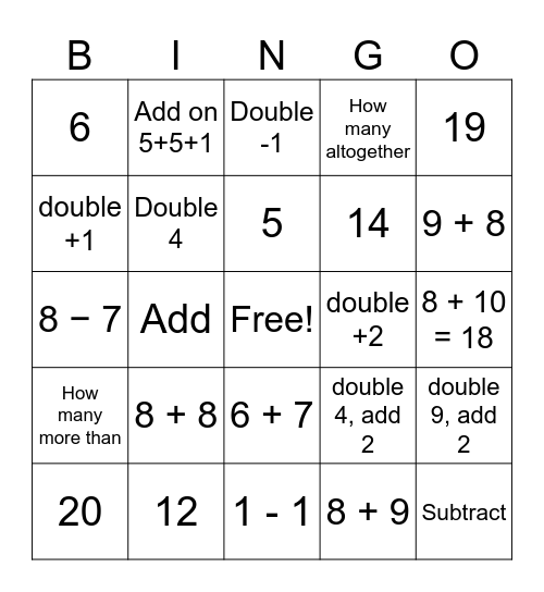 Doubles, Doubles add or Subtract Bingo Card