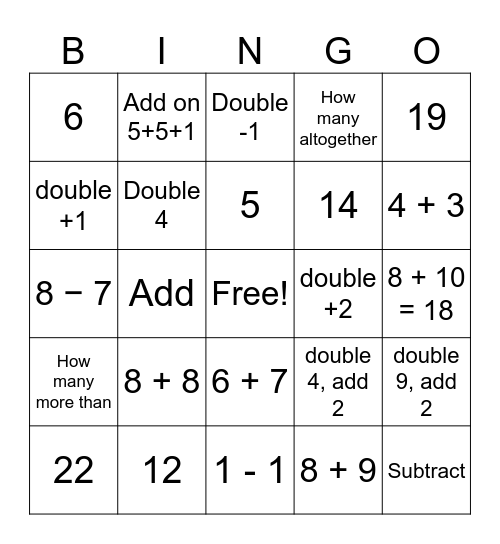 Doubles, Doubles add or Subtract Bingo Card
