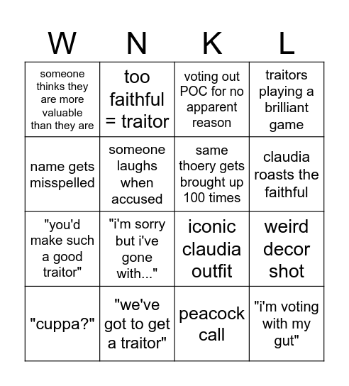 The Traitors Bingo Card