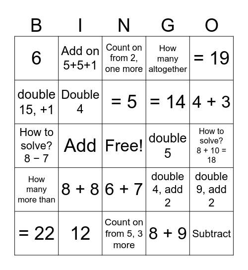 Doubles, Doubles add or Subtract Bingo Card