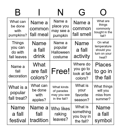 Fall Bingo Card