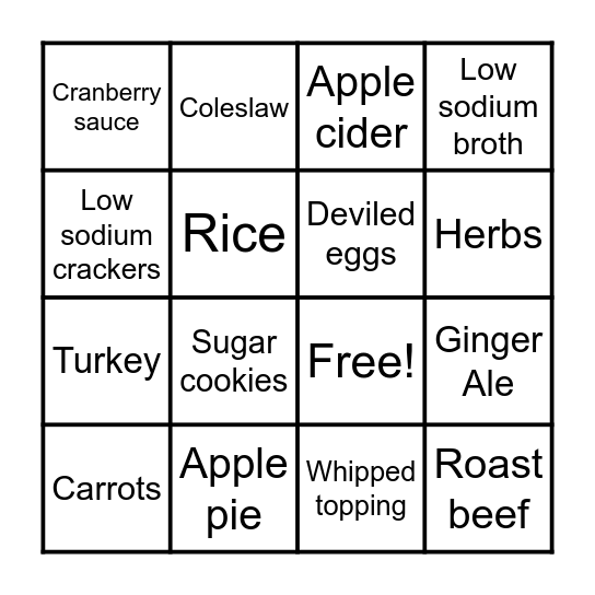 Dialysis-Friendly Holiday Foods Bingo Card