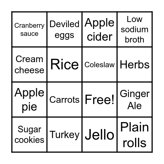 Dialysis-Friendly Holiday Foods Bingo Card