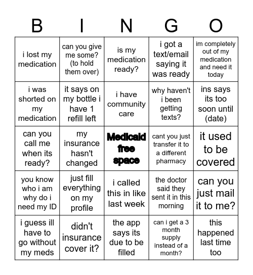 Pharmacy bingo Card