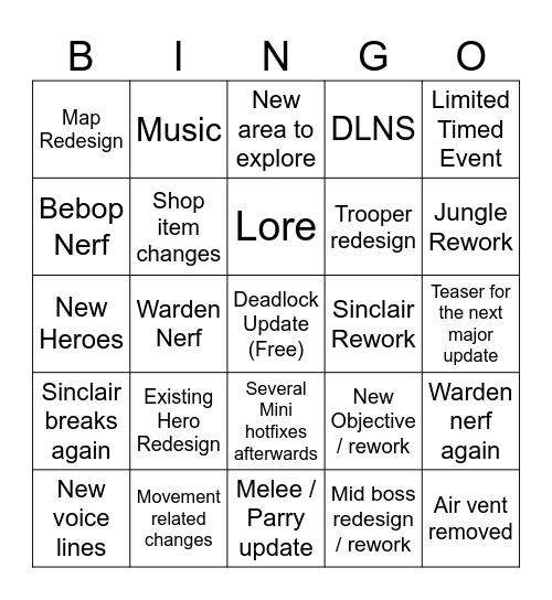 Deadlock Patch Bingo Card