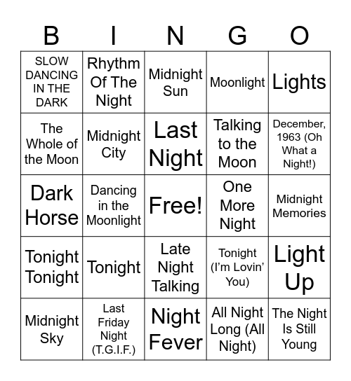 after dark Bingo Card