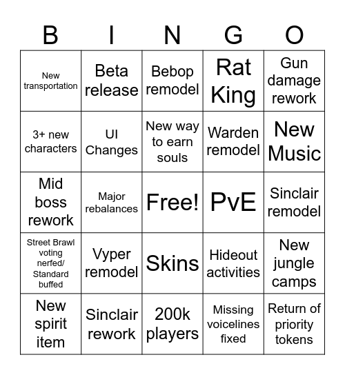 Deadlock Major Update Bingo Card