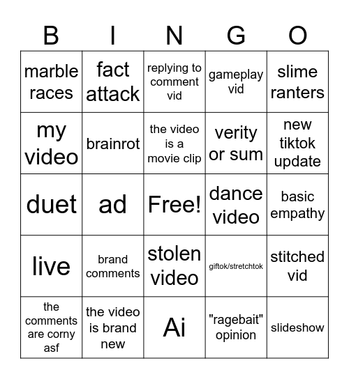 Tiktok bingo Card