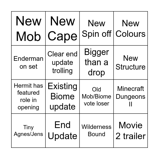 Minecraft Live Bingo Card