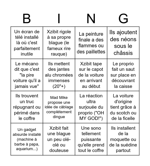 Pimp my ride Bingo Card