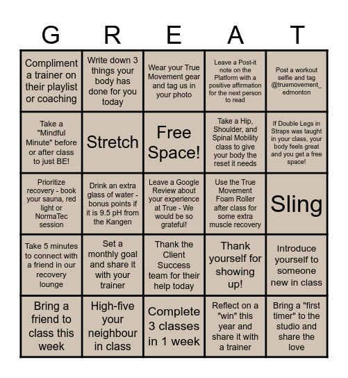 Greatful for Movement Bingo Card