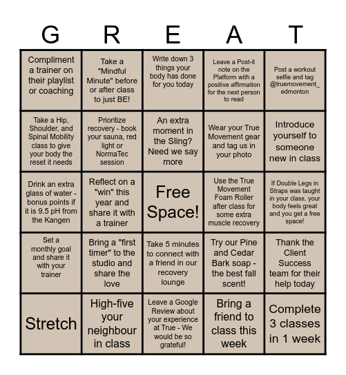 Greatful for Movement Bingo Card