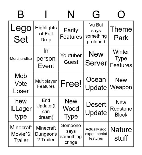 Minecraft Live Fall 2026 Bingo Card
