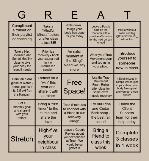 Greatful for Movement Bingo Card