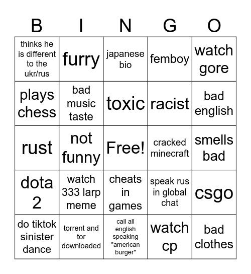 Russian ukrainian kid bingo Card