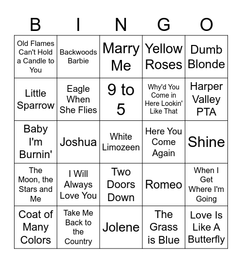 Dolly Parton Hits Bingo Card