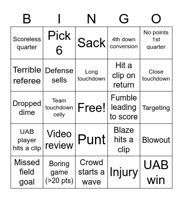Football Bingo Card
