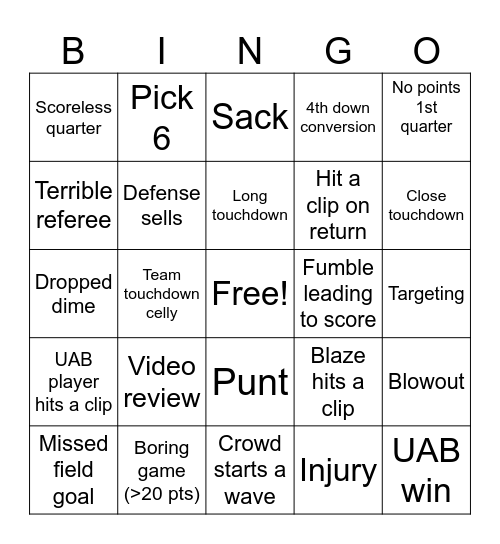 Football Bingo Card