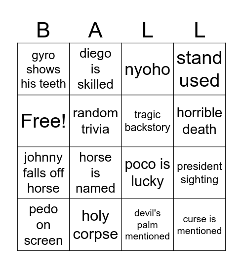 Steel Ball Run Bingo Card