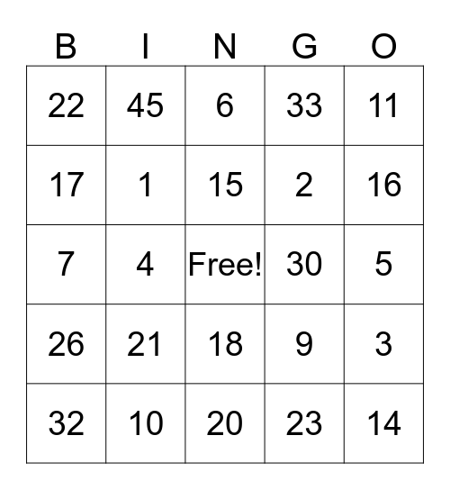 Subtraction Bingo Card