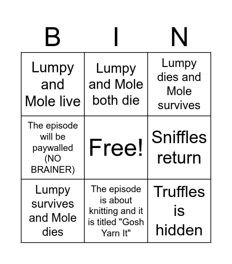 Happy Tree Friends Season 6 Episode 3 Bingo Card