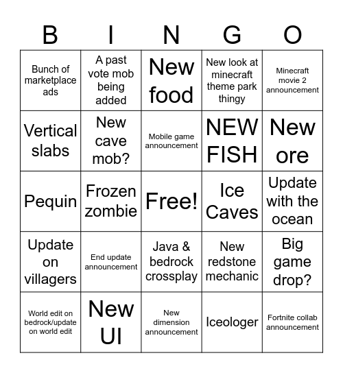 Minecraft bingo Card