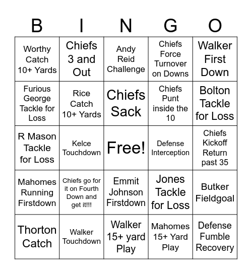 Chiefs Bingo Card