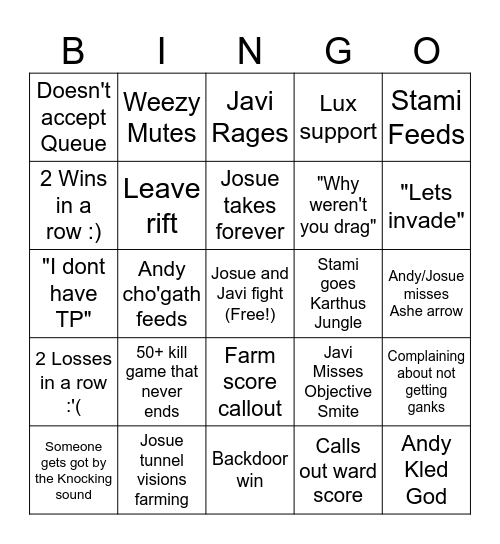 League night Bingo Card