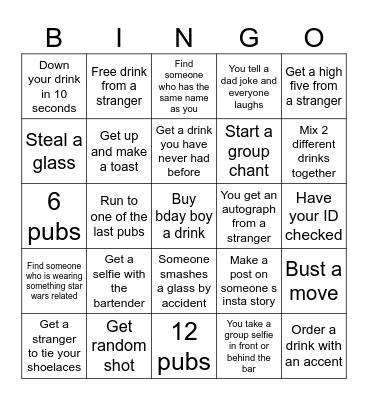 Matt's BDAY Pub Crawl Bingo Card